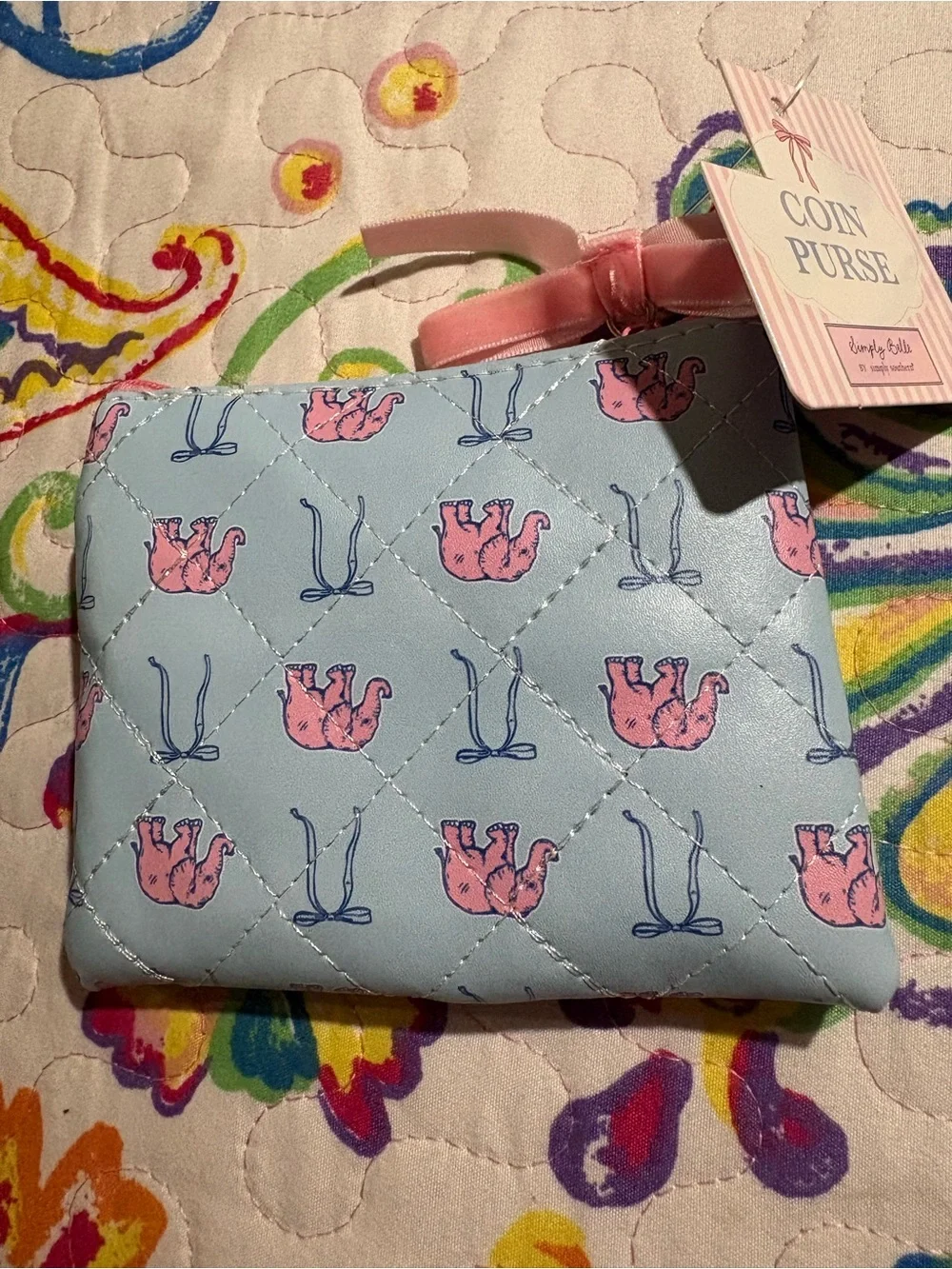 Simply Southern Light Blue Coin Purse with Pink Elephant Print